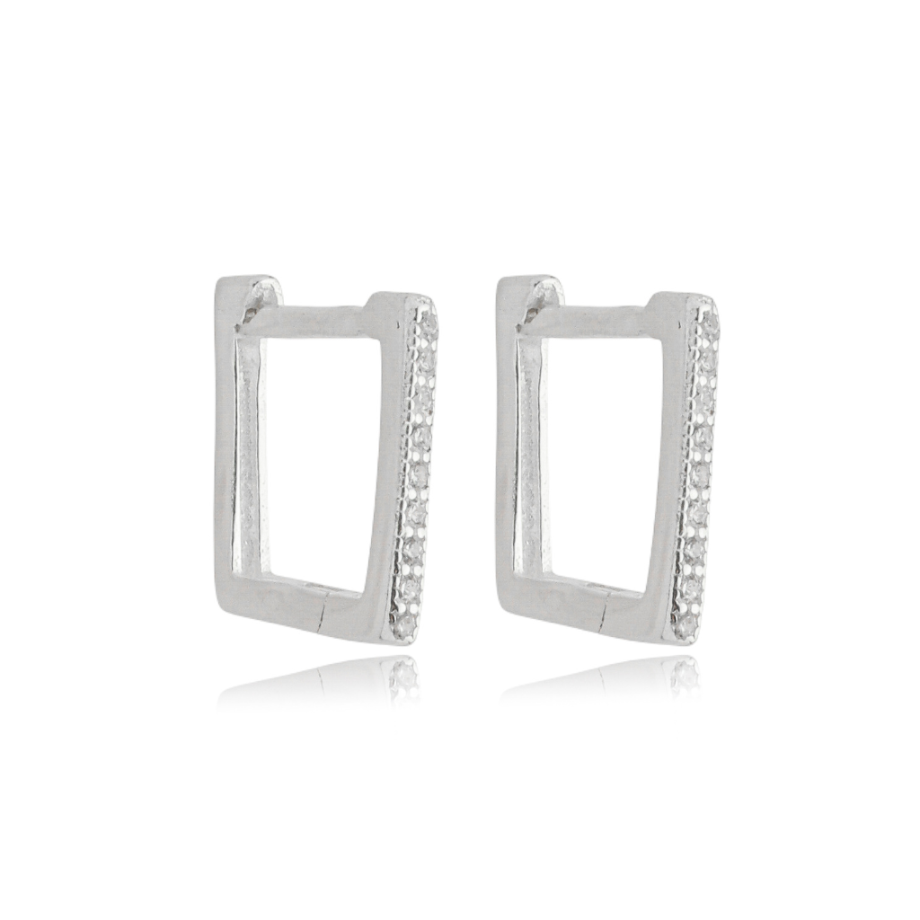 Argola Feminina em Prata - Quadrada Cravejada