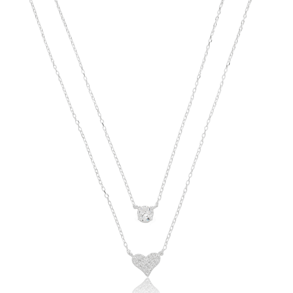 Colar Feminino em Prata - Duplo Ponto de Luz e Coração
