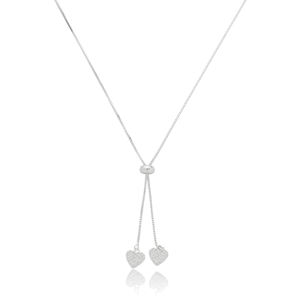 Colar Gravatinha Feminino em Prata - Coração Cravejado