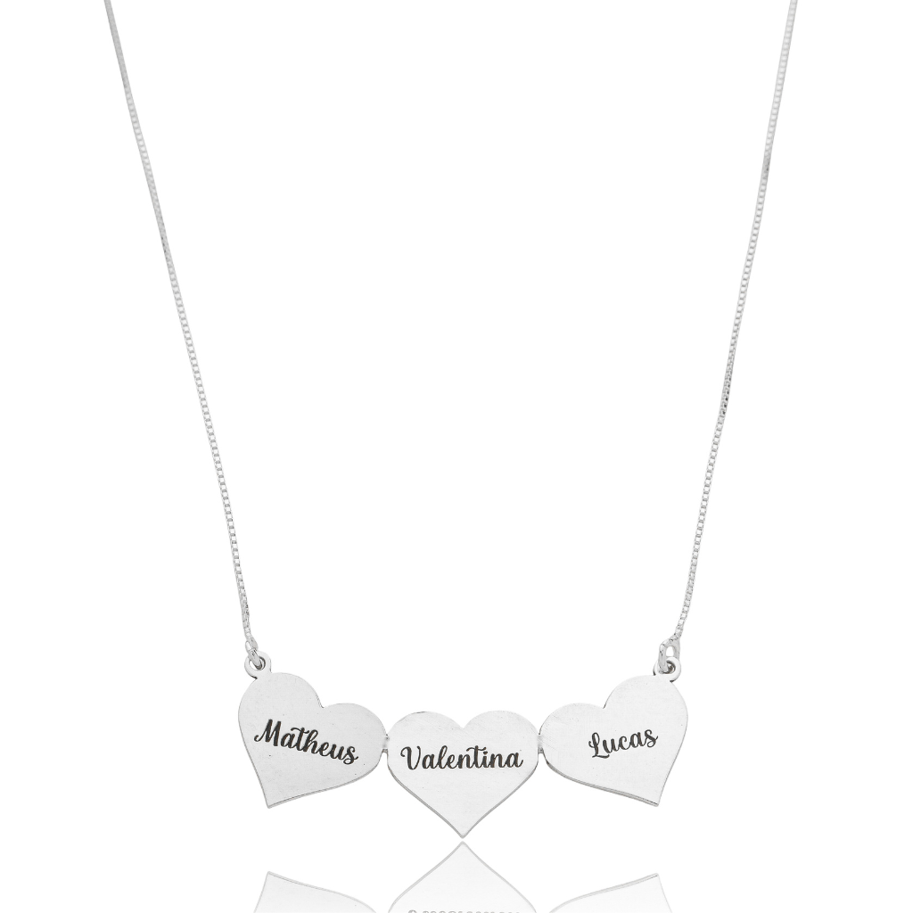 Colar Feminino em Prata - 3 Corações Personalizado