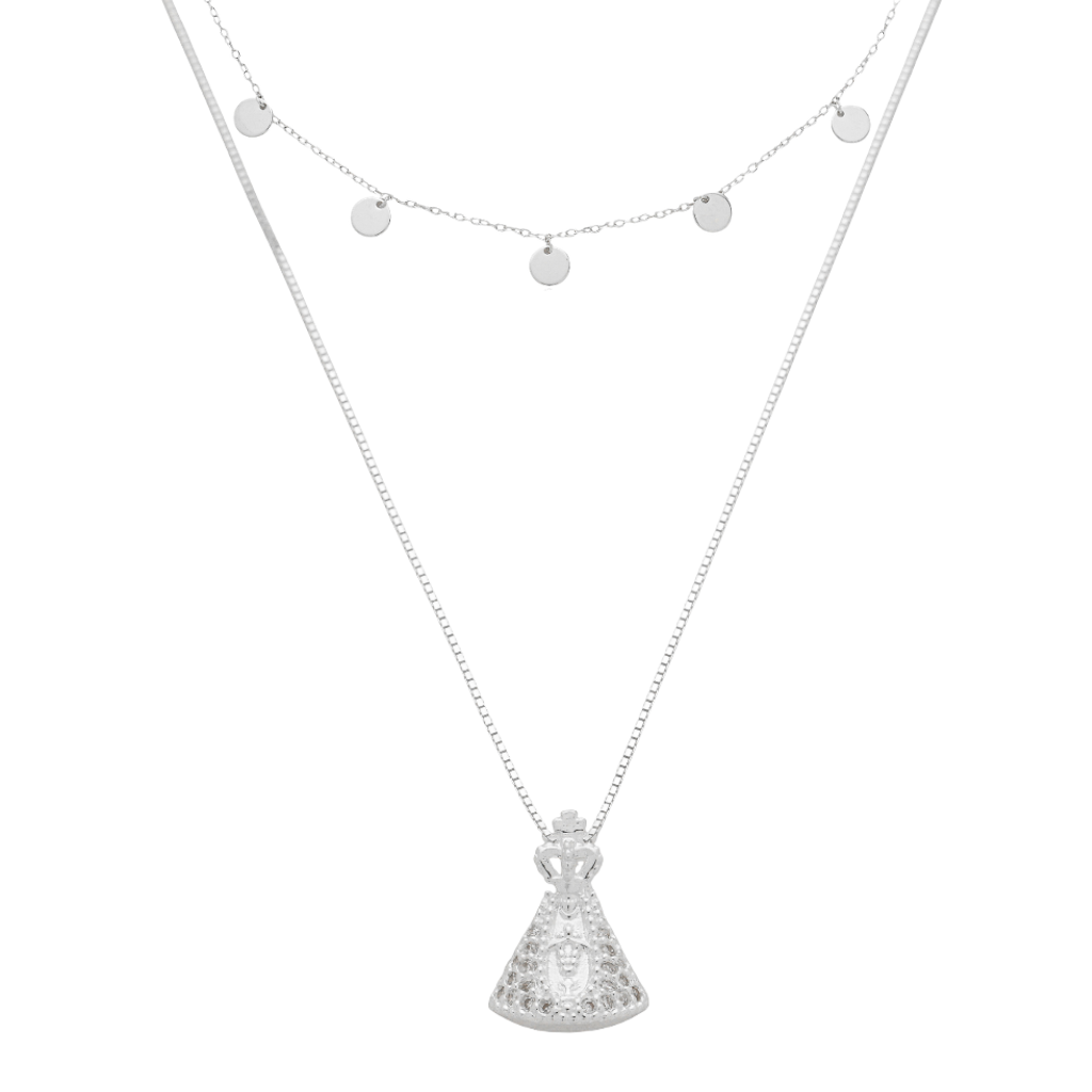 Colar Feminino em Prata - Medalhas Lisas com Nossa Sra Aparecida