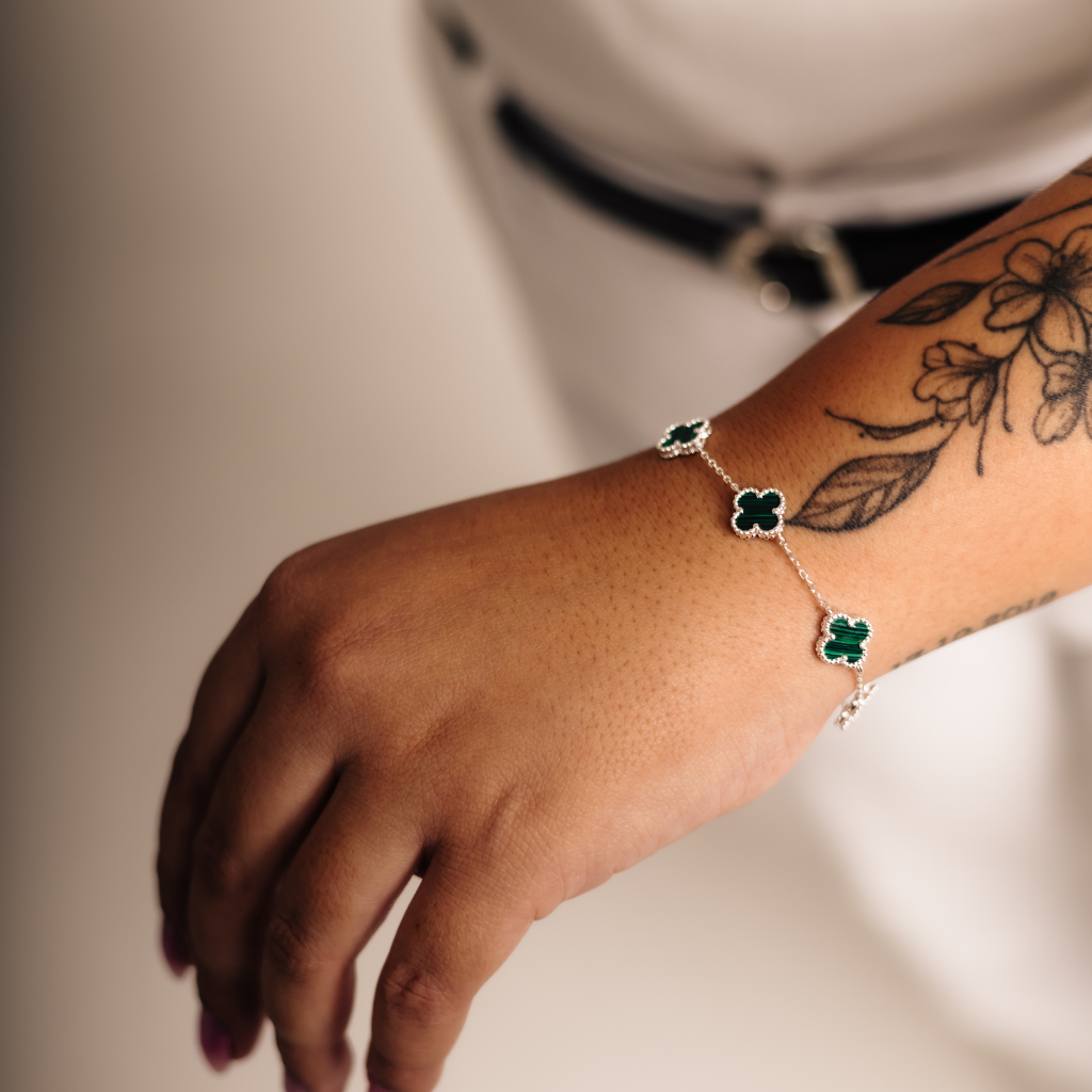 Pulseira Feminina em Prata - 5 Trevos Malaquita