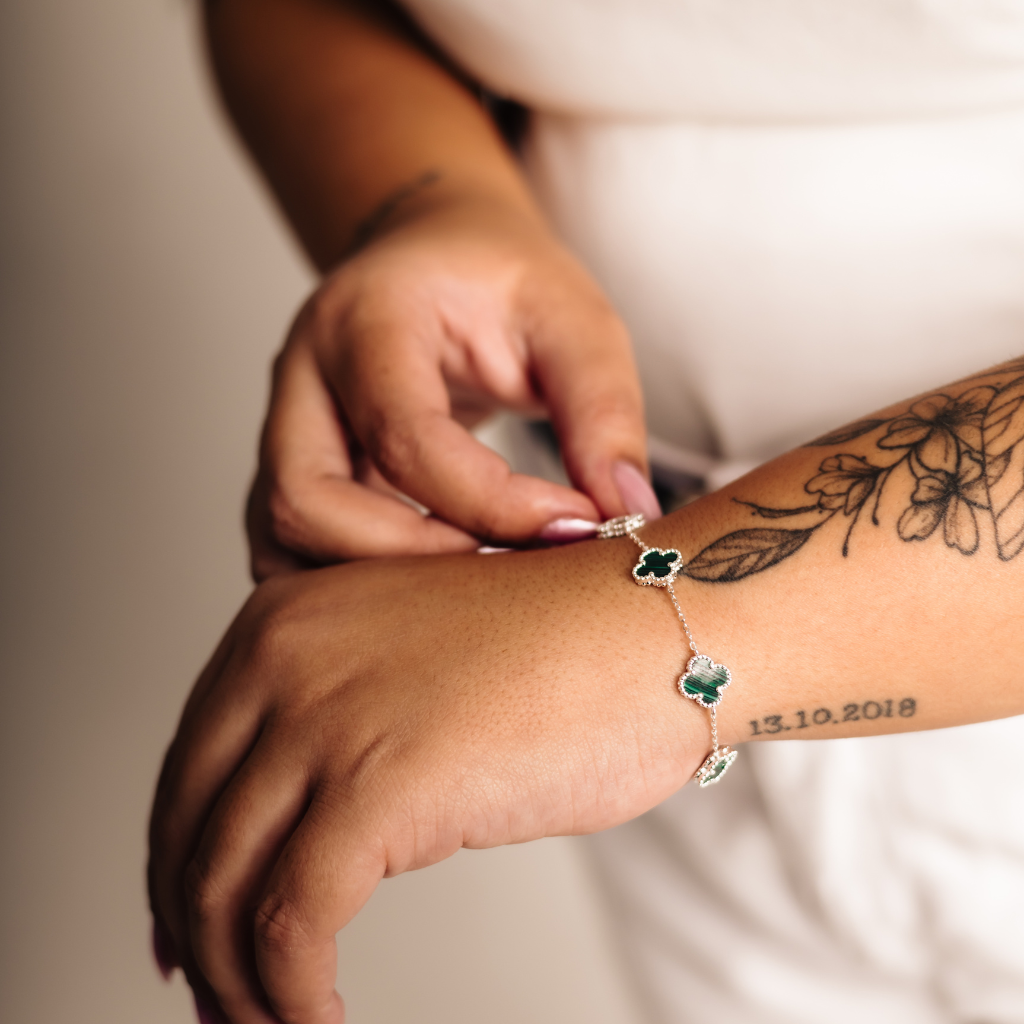 Pulseira Feminina em Prata - 5 Trevos Malaquita