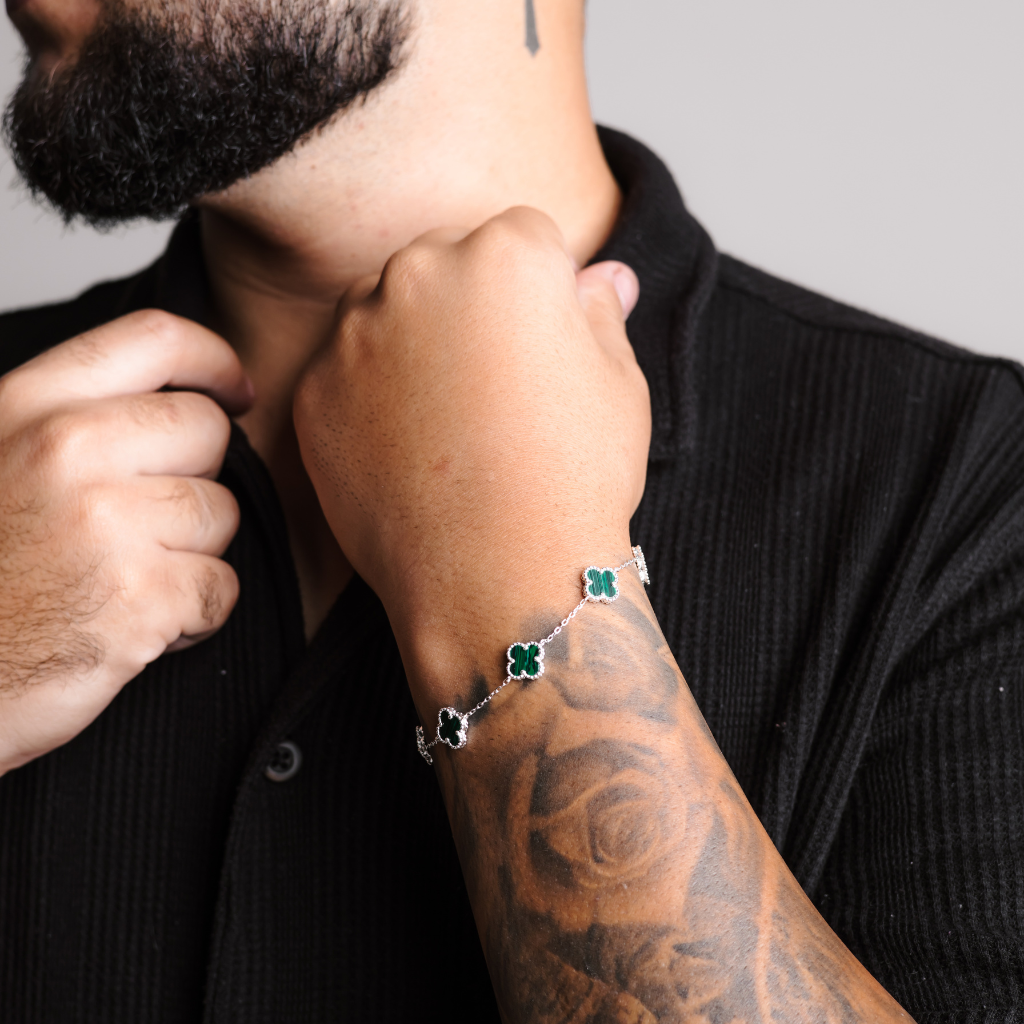 Pulseira em Prata 925 - 5 Trevos Malaquita