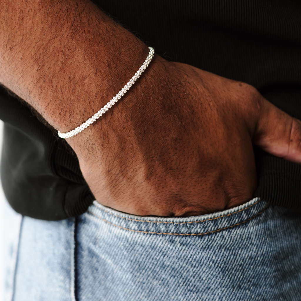 Conjunto corrente e pulseira em prata 925 - Pipoca 3mm