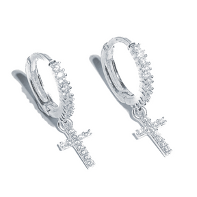 Brinco em Prata 925 - Argola Cruz Cravejada