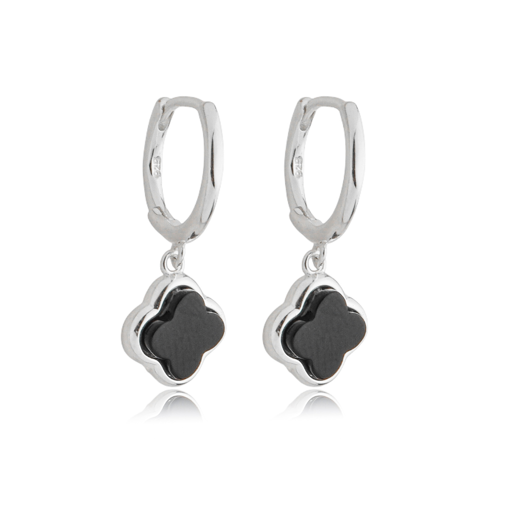 Argola Feminina em Prata - Trevo Preto