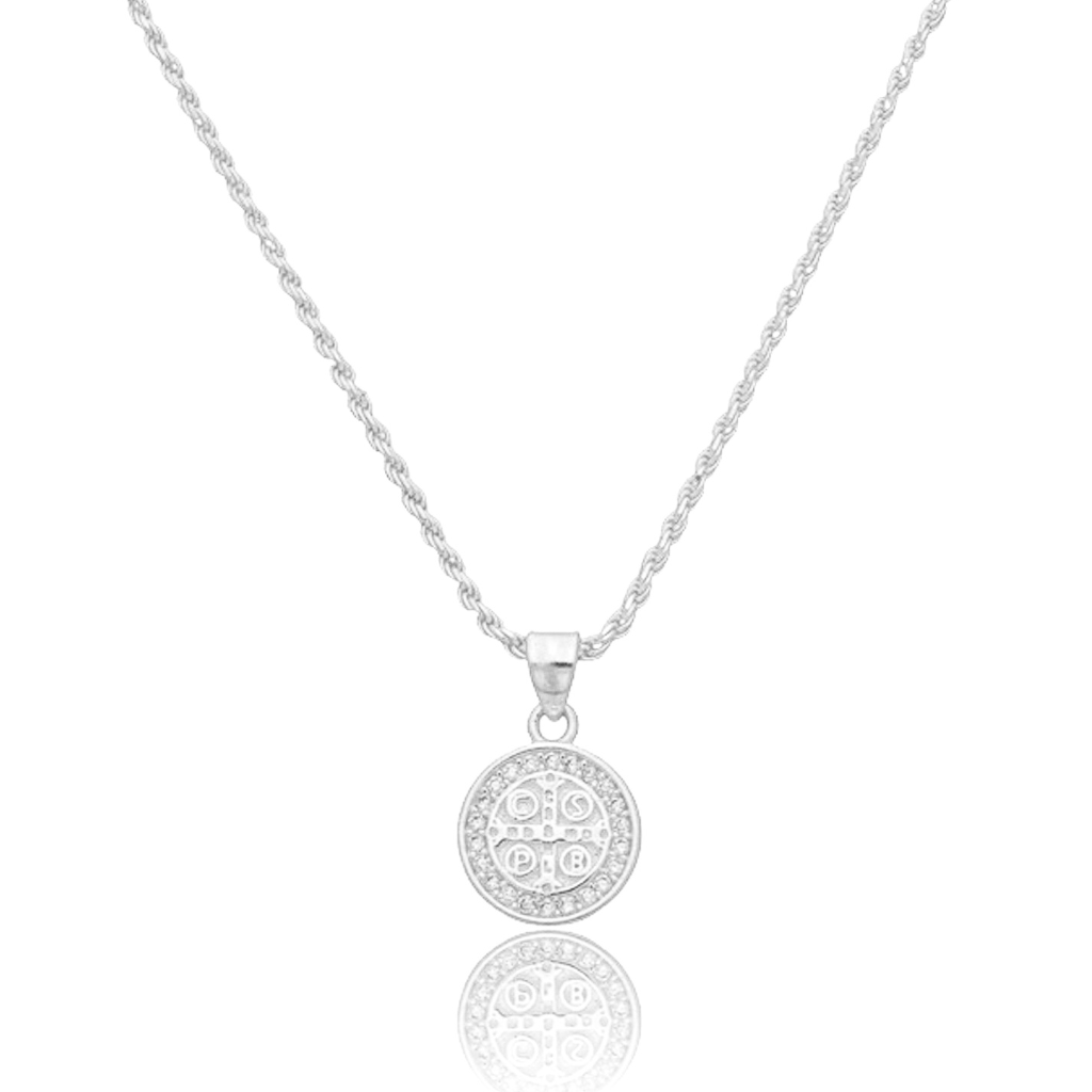 Colar em Prata 925 - Cordão Baiano com São Bento Cravejado