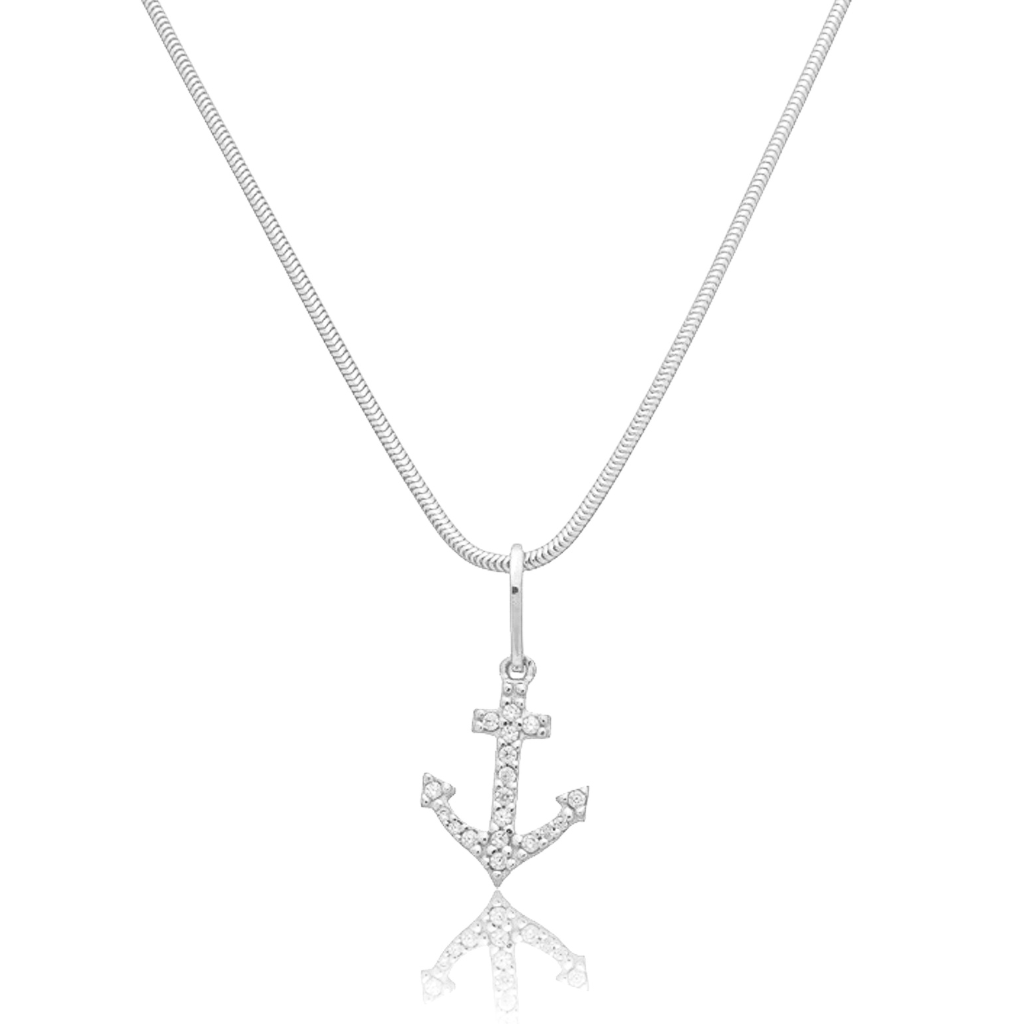 Colar em Prata 925 - Rabo de Rato com Âncora Cravejada