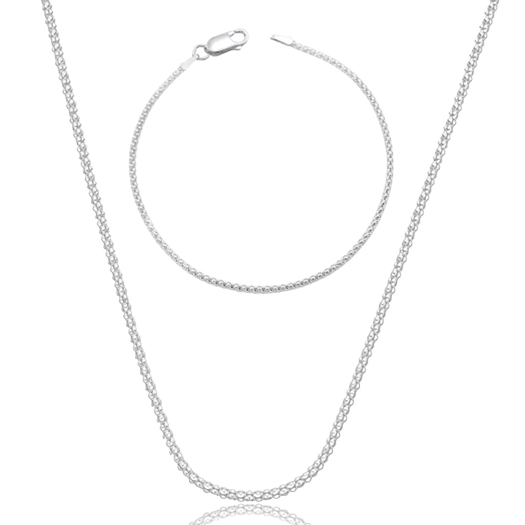 Conjunto corrente e pulseira em prata 925 - Pipoca 2mm