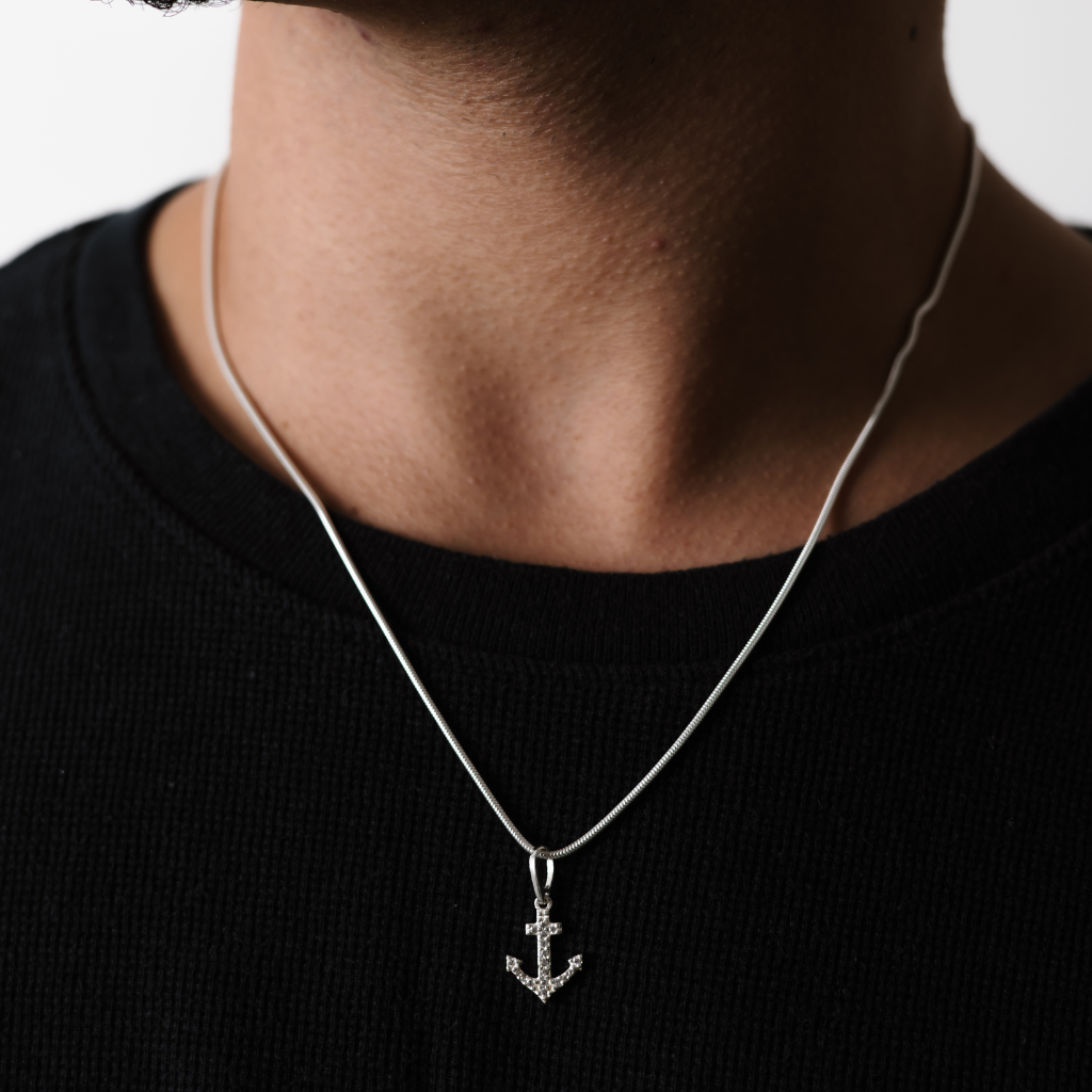 Colar em Prata 925 - Rabo de Rato com Âncora Cravejada
