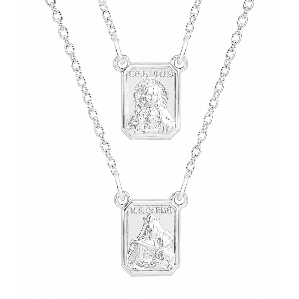 Escapulário Nossa Senhora do Carmo em Prata 925 com corrente cadeado de 1 mm e medalhas religiosas.