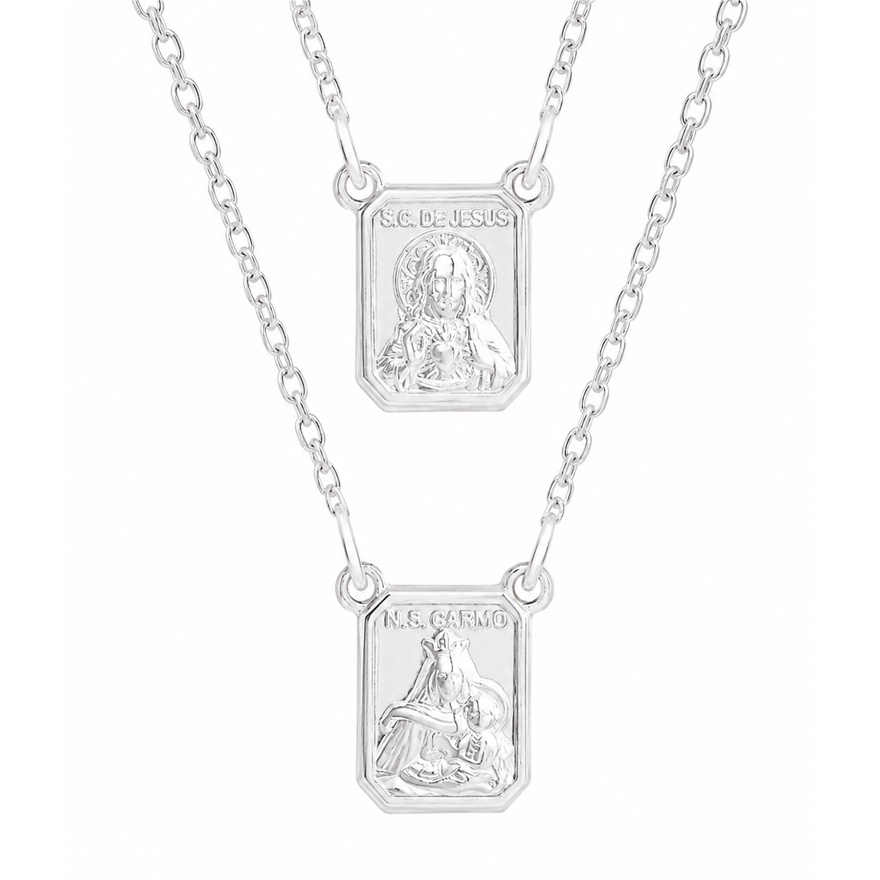 Escapulário Nossa Senhora do Carmo em Prata 925 com corrente cadeado de 1 mm e medalhas religiosas.