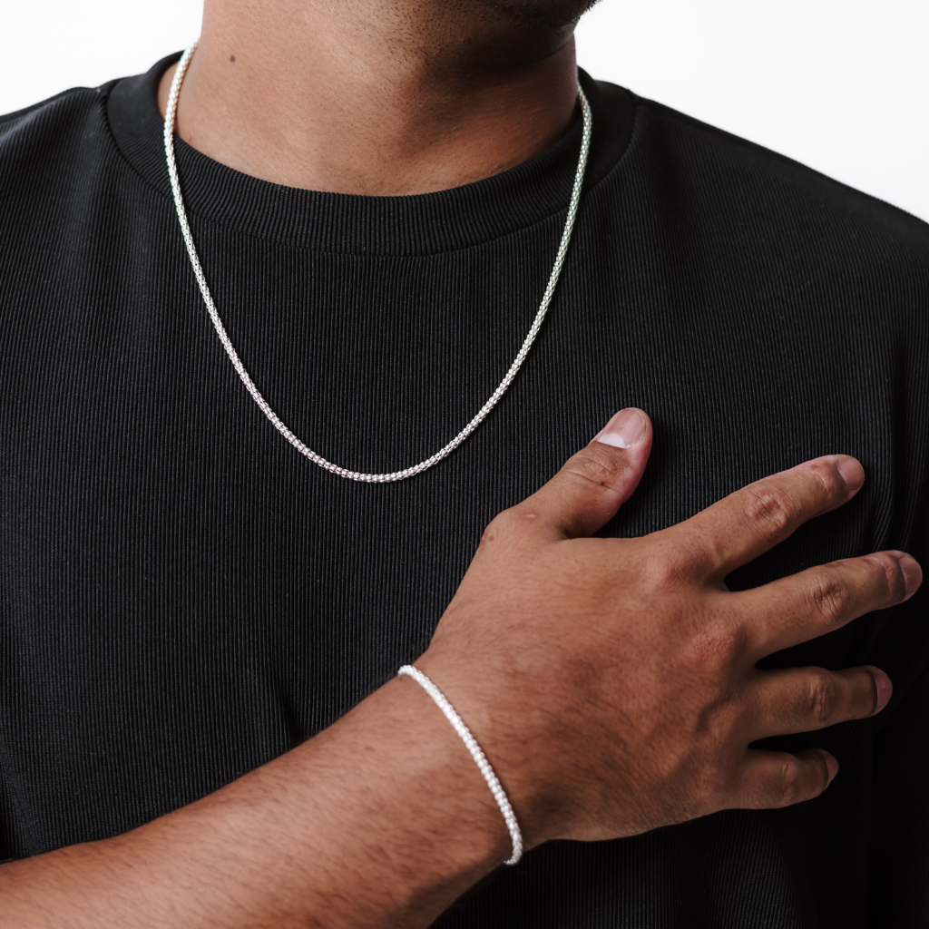 Conjunto corrente e pulseira em prata 925 - Pipoca 3mm